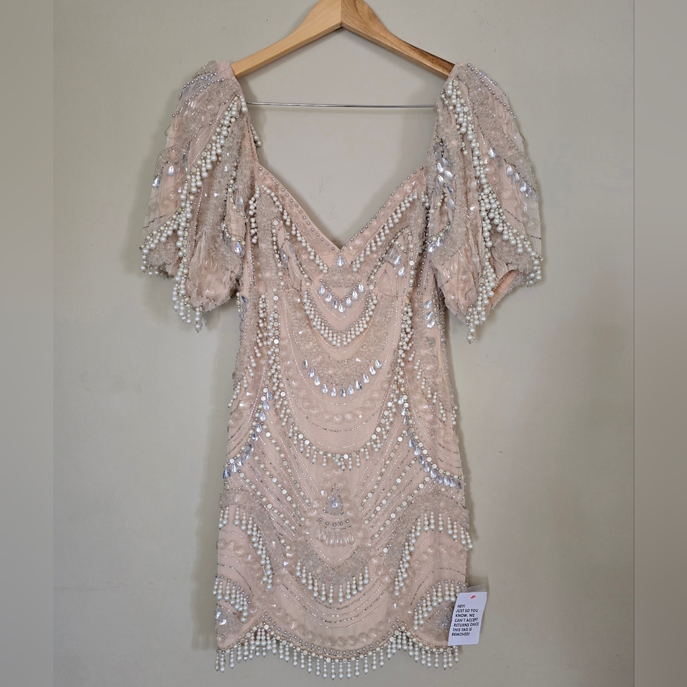 ASOS Blush Pink Beaded Mini Dress with Puff Sleeves